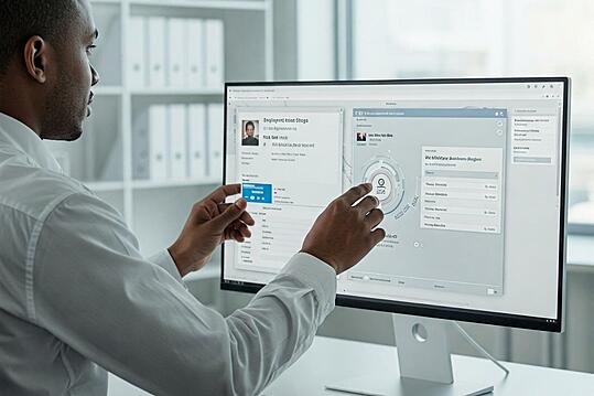 Man interacting with a touchscreen interface on a large monitor in a modern office
